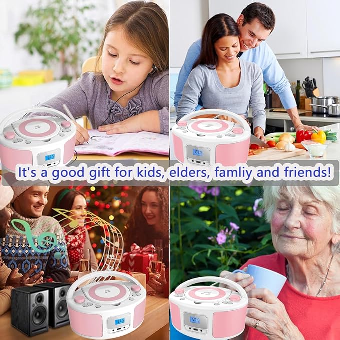 Portable CD Player Boombox with Bluetooth, FM Radio Stereo, Remote Control, USB Input and 3.5mm AUX Headphone Jack, Programmable CD Player, 4 watts of Audio, AC/Battery Powered