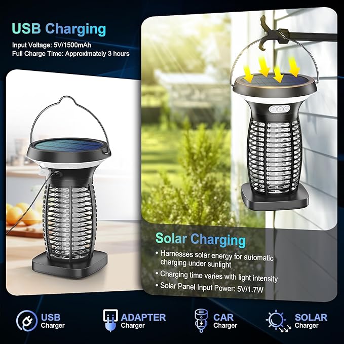 PhatroyYee Solar Bug Zapper Outdoor, 3-in-1 Mosquito Zapper Outdoor Solar Powered, Cordless Electric Bug Zapper Indoor with Night Light, Waterproof Fly Zapper for Patio Backyard Home Kitchen Camping