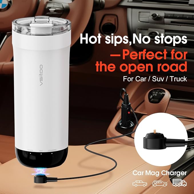 Vsitoo S5 Self Heating Travel Mug 16oz, Rechargeable Coffee Mug with Car Charger Kit, AI Auto-Sensing Temp Control Heated Cup for Home Office Car, App Control, Gift Women Men - White