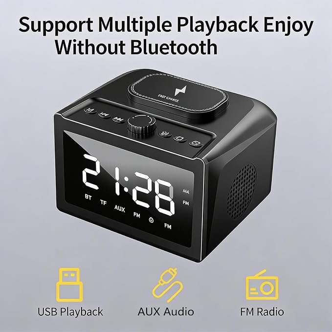 Multifunctional Wireless Charger, Wireless Charging Station with Time and Alarm Clock, Charging Dock with Bluetooth Speaker, 15W Wireless Fast Charging, All-in-One Charging Base,S31 Black.