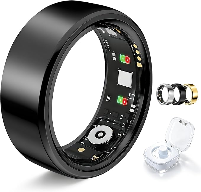 Smart Ring for Women Men Fitness Tracker Heart Rate Sleep Trends 128 Sports Modes Gesture Control Cycle Tracking IP68 Waterproof No Subscription Compatible with iPhone Android (Black, Size 8)
