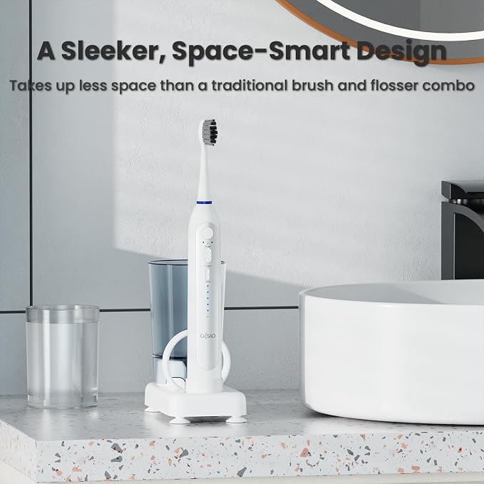Electric Toothbrush with Water Flosser Combo, 3-in-1 Sonic Flossing Electric Toothbrush for Travel & Home, 330ml Easy-Clean Cup, 5 Speeds & 3 Modes for Braces, IPX7, 30-Day Battery, White