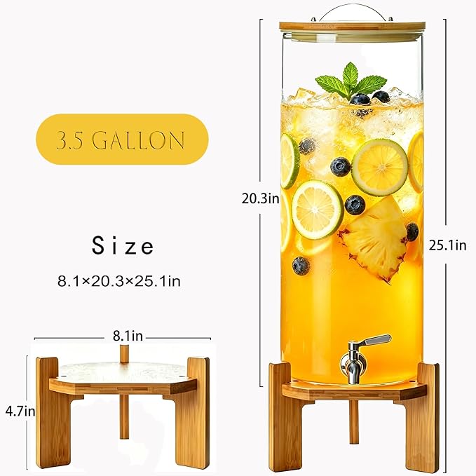 Beverage Dispenser,3.5 Gallon Glass Drink Dispenser with Stand,Stainless Steels Drink Dispenser Spigot,Drink Dispensers for Parties,Beverage Dispenser with Stand for Bars,Restaurants