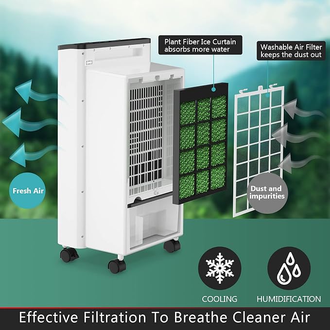 Rolling Evaporative Air Cooler, 3-in-1 Air Conditioner w/Fan & Humidifier, Portable Bladeless Quiet Electric Fan with Remote Control & Casters, 2 Ice Box & 8 Liter Water Tank for Home/Office