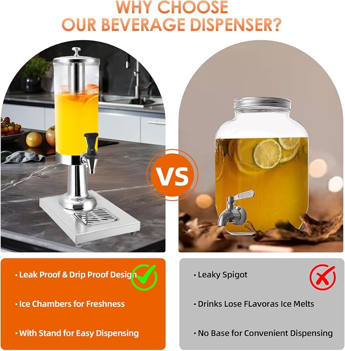 Hot and Cold Beverage Dispenser with Stand, 0.79 Gallon All-in-One Commercial Drink Dispenser with Ice Core&Stainless Steel Drip Trays for Parties, Beer Bar, Coffee (1 HEAD-0.79 GAL, SILVER)
