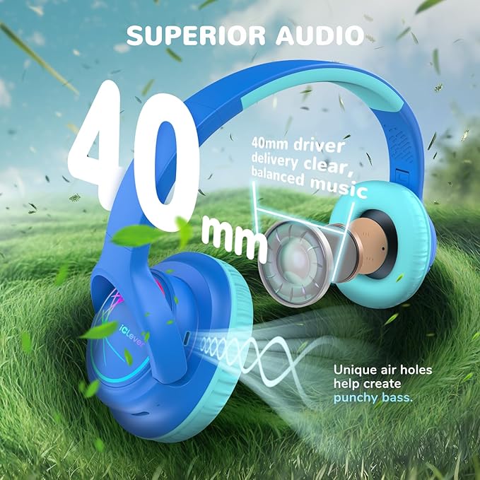iClever Kids Bluetooth Headphones with LED Lights, 43H Playtime, Type-C Fast Charging, BTH18 Safe Volume 74/85dBA, Bluetooth5.3,Toddler Headphones Aux Cord for iPad/Tablet/Travel/School, Blue