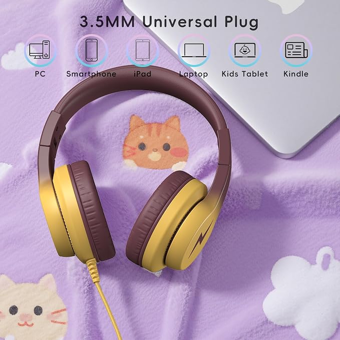 Candy Bila Kids Headphones, Wired Headphones for Kids Over Ear with Microphone, 85/94dB Volume Headphone for Girls Boys, Foldable Headphone for Learning, Gradient Brown and Yellow