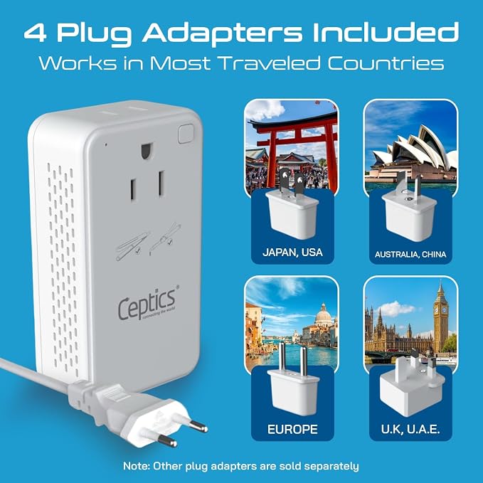 Ceptics 200W Step Down Voltage Converter - 220v to 110v Voltage Converter for Curling Iron, Straightener, Charger – USB-A & C Fast Charging – Type C Power Cord with A, G, I, E/F Plugs Included