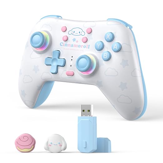 Kuitmor Cinnamoroll Dog Switch Pro Controller, Cute Hall Effect Wireless Gamepad No Drift for Switch 2/Switch/OLED/Lite, PC/Steam, Android, iOS, Bluetooth + Wired, Turbo, Back Buttons, 6-Aixs Gyro, Wake-up, RGB (Blue, With Receiver)