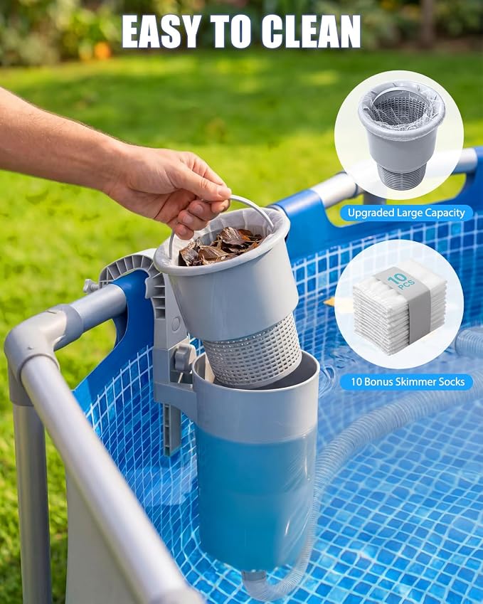 1000 GPH Pool Pumps and Skimmer for Above Ground, Floating Pools Surface Skimmer Basket with 10 Pcs Skimmers Socks, Swimming Pools Pump with Removable Filter Cartridge, Pool Accessories Combo