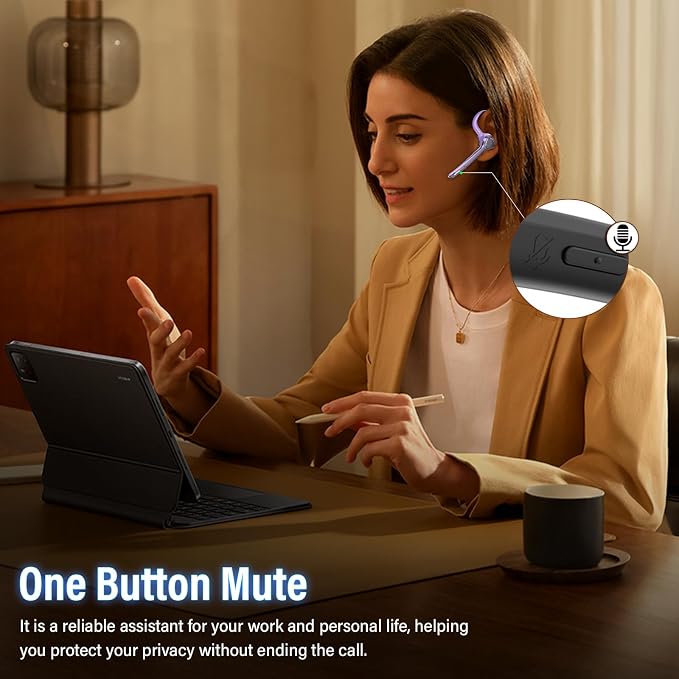Bluetooth Headset with APTX HD Audio, Wireless Hands-Free Earpiece with CVC 8.0/ENC Dual Mic, Mute Button & Dual Device Connection, 90H Playtime Single-Ear Headphone for Trucker, Business, Purple‌
