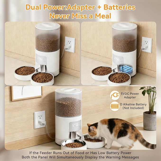 NEWBULIG Automatic Cat Feeder for 2 Cats, 6L/25.3 Cups Timed Pet Feeders with Dual Bowls, 10s Voice Recorder, Dog Food Dispenser for Dry Food, 6 Meals/Day, 50 Portions/Meal, Dual Power Supply, White