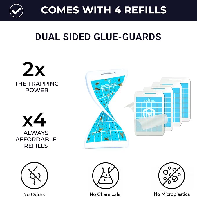 GlowGuard-X Rechargeable Indoor Fly Trap & Gnat Killer, Multi-Purpose Mosquito Trap and Shockless Indoor Bug Zapper, Includes 1 Device + 4 Glue-Card Refills, 48hr Battery Life, Black
