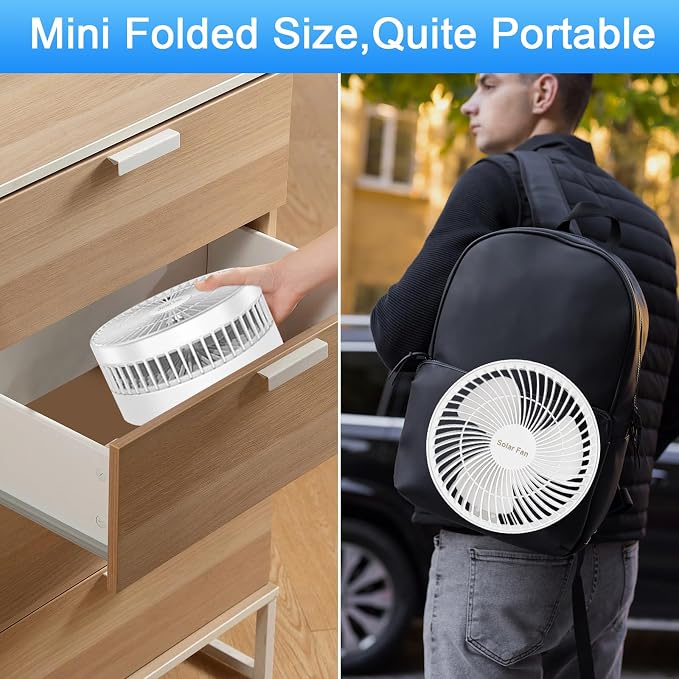 Portable Standing Fan with Solar Panel, Battery & Solar Powered Fan for Travel, 8" Rechargeable USB Foldable Compact Pedestal Fan, 3 Speeds Quiet Telescopic Desk Fan for Home Bedroom Camping