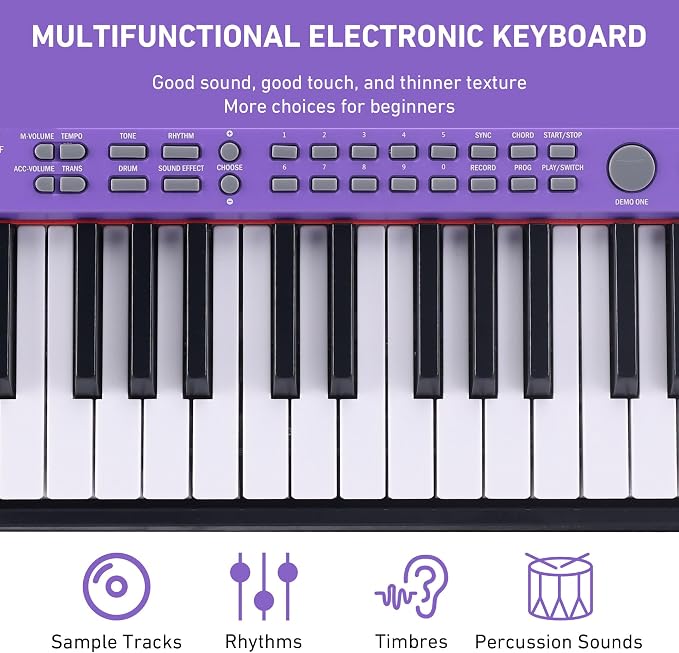 Lexington 61 Key Keyboard Piano, Complete Electronic Piano Keyboard Set for Beginners Adults, Portable Music Keyboard with Lighted Keys, Teaching Modes, Stand, Case, Microphone (Purple)