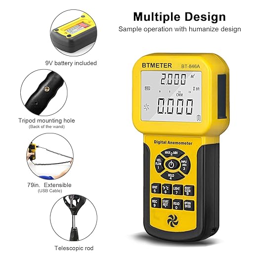 BTMETER Por CFM Anemometer - Wind Gauge w/600 Set Data Storage Export to PC | Airflow Velocity Meter Handheld Measure Wind Speed Flow Temp for HVAC, 0.1~100 mph, Vane Sensor Backlight MAX MIN AVG BT-846A