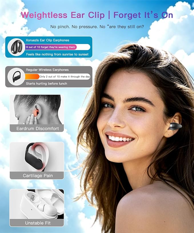 Upgraded Ultra Open Ear Earbuds - Lightweight Comfort Clip-On Wireless Bone Conduction Earbuds, Secure Fit & AI-Powered Clear Calls Bluetooth Open Ear Headphones for Work,Commute,Workout, Black
