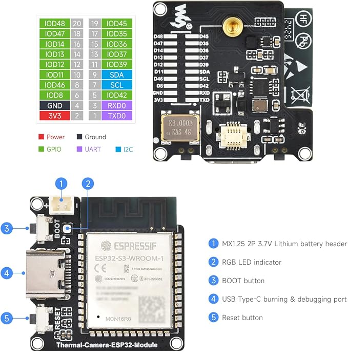 Waveshare ESP32-S3 IR Thermal Imaging Camera Module, Type-C Port, 80×62 Pixels, 90 ° Field of View Angle