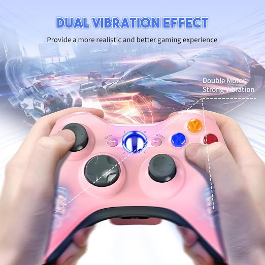Gamrombo 2 Pack Replacement for Xbox 360 Controller, Wireless Controllers Gamepad Upgraded Joystick Compatible with 360 & Slim, Windows 11/10/8/7 PC Controller with Dual Shock, 2.5mm Audio Jack (Pink) [microsoft_xbox_360]