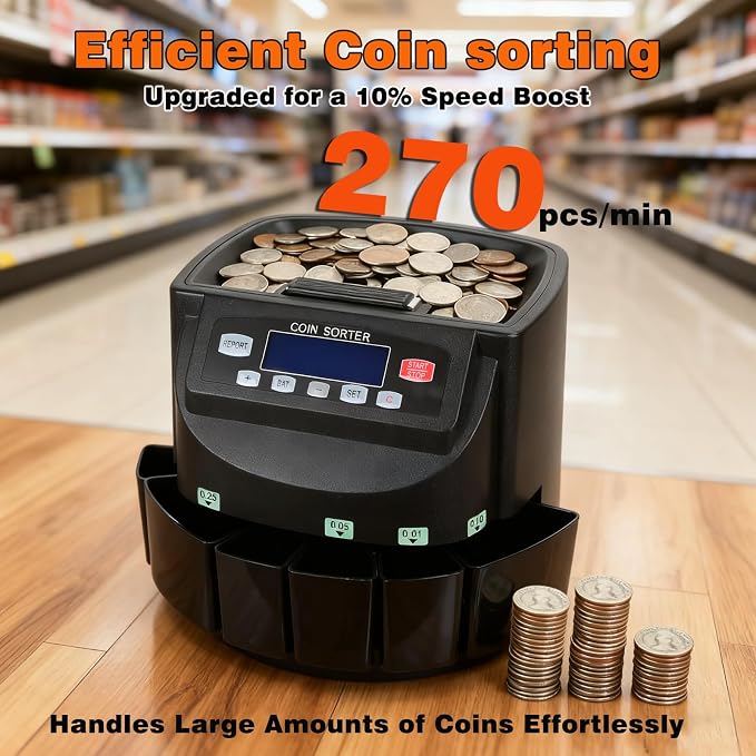 T9500A Professional USD Coin Counter, Sorter, Coin Counting Machine, Automatically Sorts and Counts Coin Batches, 270 Coins/min