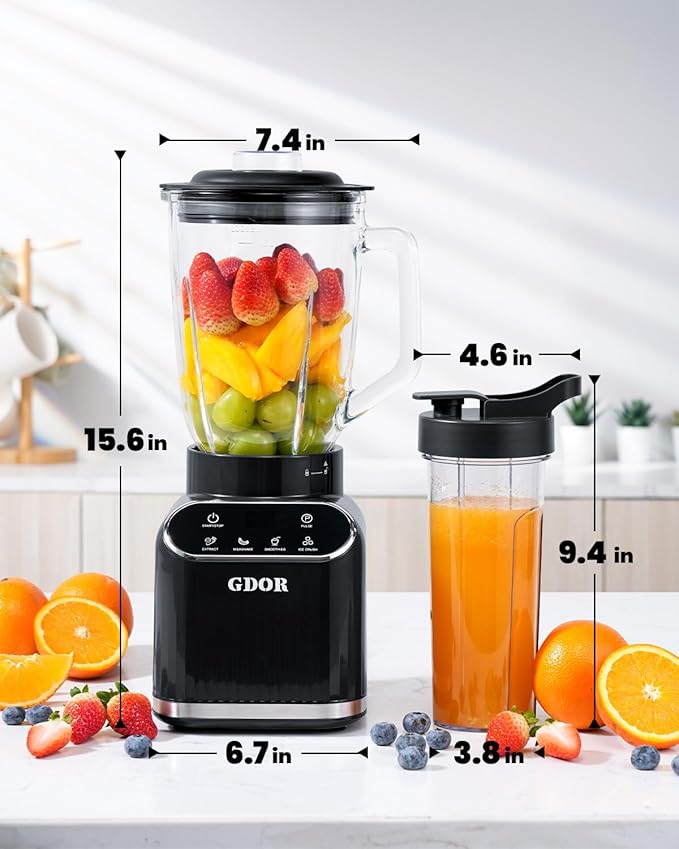 GDOR 1200W Professional Blender with 5 Smart Programs | High Speed Countertop Blender for Smoothies and Shakes, 52 Oz Glass Jar & 24 Oz To-Go Cup Combo, 6-Leaf Ice Crushing Blade, Self Cleaning, Black