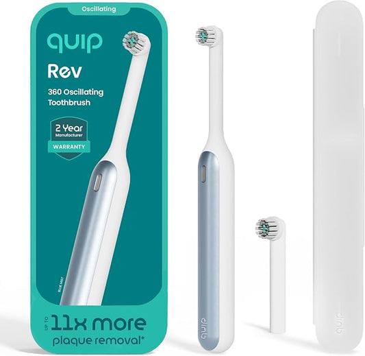 Quip Rev Oscillating Rechargeable Electric Toothbrush with Extra Brush Head - Soft Bristles, Pressure Sensor, 3 Intensities, 30-Day Battery Life, 2-Min Timer, Travel Case, Mirror Mount - Blue Mist