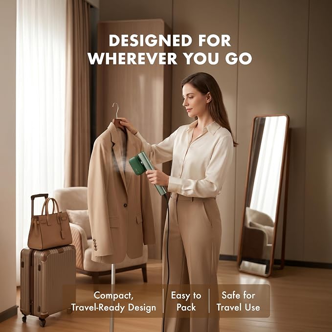 Nesugar G2 Travel Garment Steamer - Handheld Garment Steamer for Instant Wrinkle Smoothing - Rotating Head - Quick Heat-Up - Sleek Profile - Compact Size - Flat Ironing - Green
