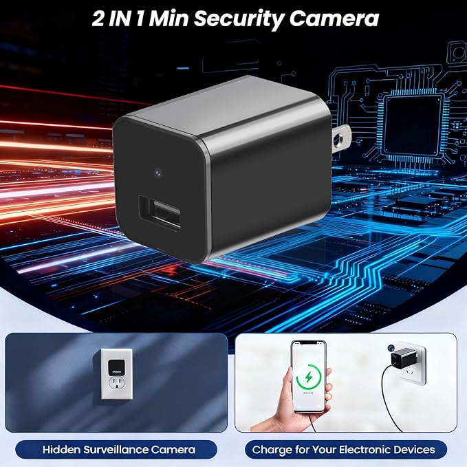 Hidden Camera Spy Cam 1080P - USB Charger Full HD No-WiFi Security Cam with Plug-in Power & Local Storage, Motion Detection & Night Vision, Ideal for Pet, Baby & Home Security, with 64GB SD Card