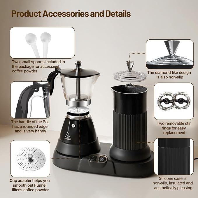 Electric Espresso Machine with Milk Frother 2 in 1 Efficient Moka Pot Coffee Maker with Milkfroth Aluminum One-Touch Operation for Effortless Cappuccinos Lattes Macchiatos Black