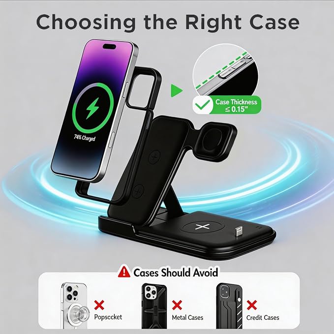 5 in 1 Wireless Charging Station for Multiple Devices, Premium Fast Charging Stand for Apple Samsung Android, Dual Phone Dock with USB Port for Desk Nightstand