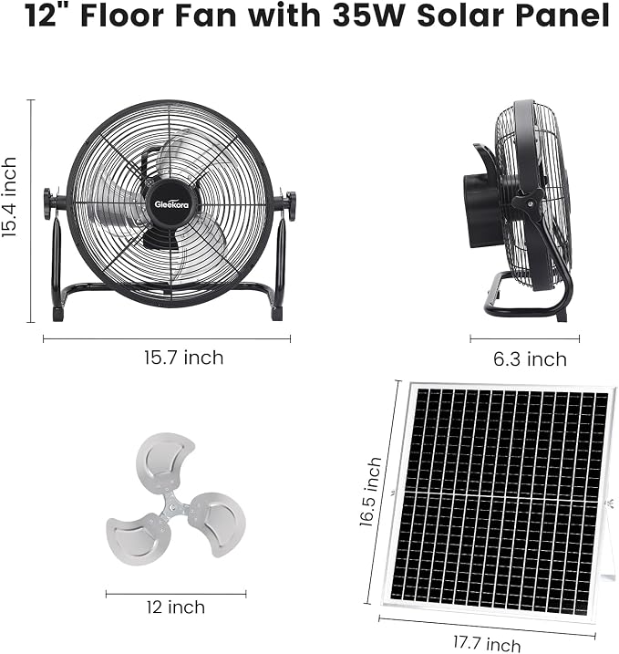 12'' Solar Powered Fan with 35W Solar Panel, Rechargeable Battery Operated Floor Fan with 23FT Cable, Cordless Portable Outdoor Fans for Home, Camping, Chicken Coop, Greenhouse, Power Outages