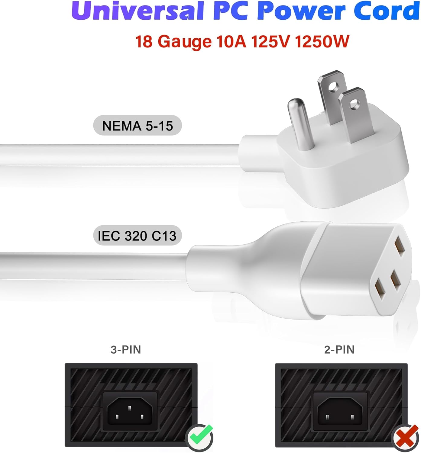 Adoreen 15 Ft Computer TV Replacement Power Cord White, Low Profile Flat Plug 18AWG 3-Prong AC Universal Power Supply Cable NEMA 5-15P to IEC 320 C13 for Printer, PC, Monitor TV LCD, ETL+Ties