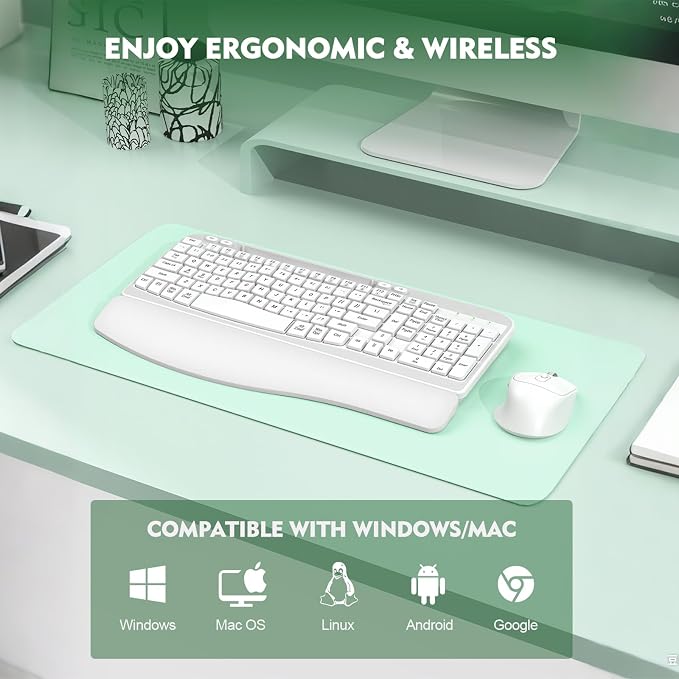 Wireless Keyboard and Mouse Combo, Full-Sized Ergonomic Wave Keys Keyboard with Memory Foam Wrist Rest & Phone Holder, 2.4G Quiet Keyboard Mouse Work Setup for PC Laptop, Office or Home (White)