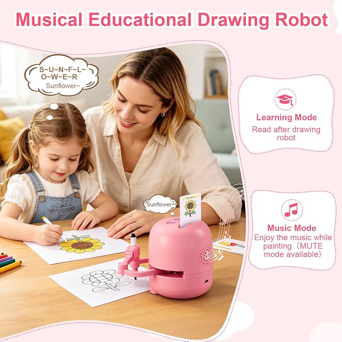 Drawing Robot for Kids Toy, Gifts for 3 4 5 6 7 8 9 Year Old Boys & Girls | Robot Drawing Machine, Electric Music Painting Learning Toys, Birthday Christmas Gifts, 150 PCS Cards, 12 Color Pens, Pink
