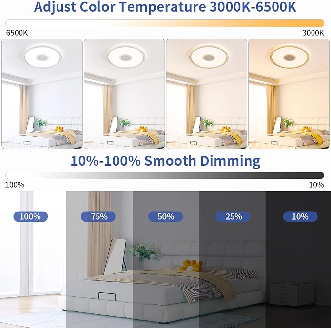 RGB LED Ceiling Light, with Bluetooth Speaker, 24W 12 Inch Smart Music Ceiling Lamp with App and Remote Control, 3000K-6500K Color Changing Lights Fixture for Child Bedroom Bathroom, Silver