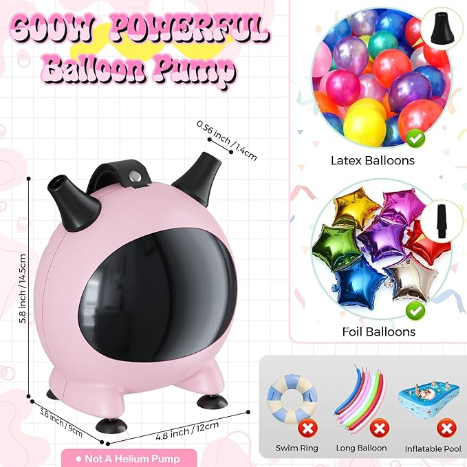 Togvu Balloon Pump Electric, Portable Balloons Inflator Air Pump with 2 Nozzles, Small Balloon Blower Machine 600W for Latex Garland Arch and Foil Balloons