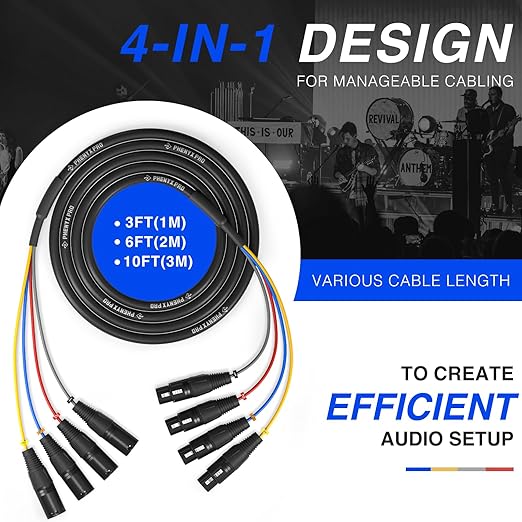 Phenyx Pro 3 Ft XLR Snake Cable, Color-Coded Patch Cable Wire, 4-Channel Male to Female, OFC Copper, XLR Splitter Balanced Microphone Cord for Mixer, IEM, Mic System