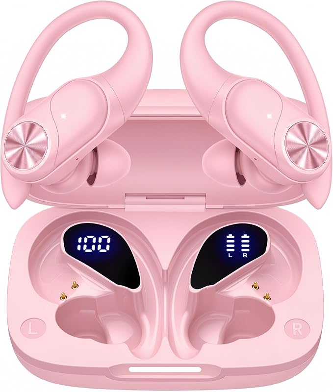 PocBuds Bluetooth Headphones Wireless Earbuds 80hrs Playtime Wireless Charging Case Digital Display Sports Ear Buds with Earhook Deep Bass IPX7 Waterproof Over-Ear Earphones for TV Phone Laptop Pink