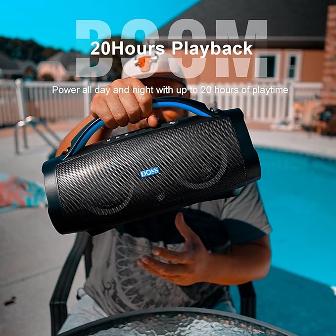 DOSS Extreme Boom Pro 100W Portable Speaker, 2+2 Channel, Deep Bass, IPX6 Waterproof, Bluetooth 5.3, 20H Playtime, Power Bank, Dynamic Lights, Outdoor Speaker for Camping, Beach, Poolside - Blue