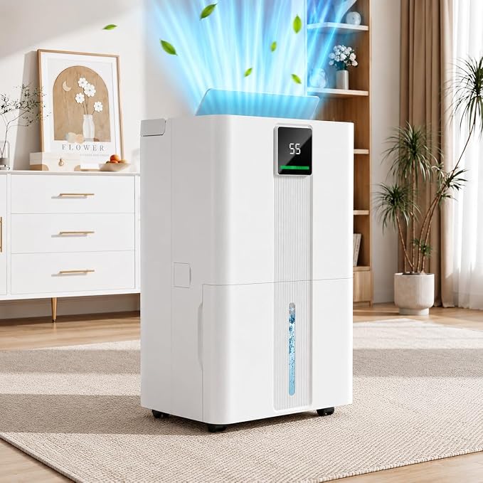 Uthfy 100 Pint Dehumidifier for Home & Basement, 6000sq.ft Dehumidifier with Drain Hose, Detachable Water Tank, Smart Humidity Control, Dual LED Display, Wheels & Handle for Large Room, Off White