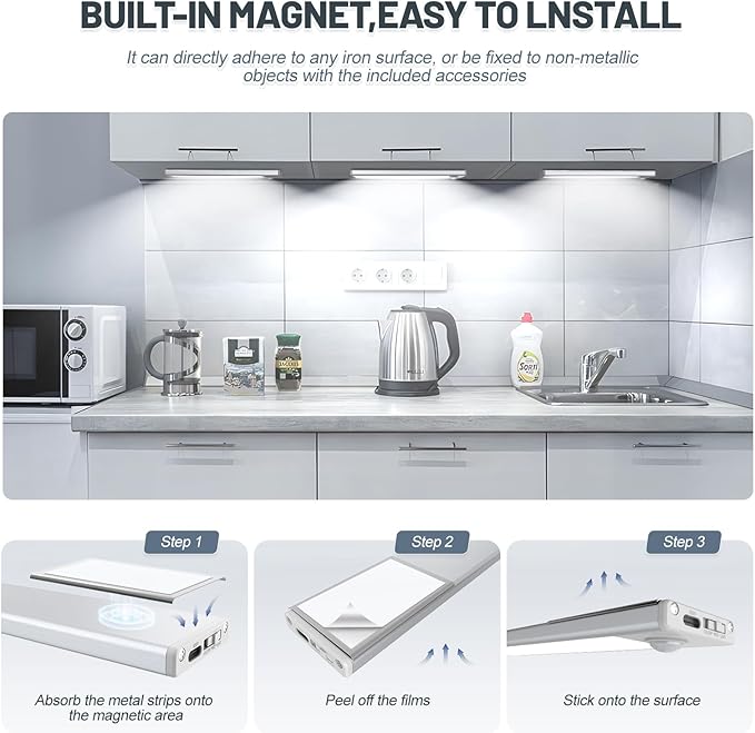 6 Pack Under Cabinet Lighting Wireless, 58 LED Rechargeable Battery Motion Sensor Light Indoor, Stick On Magnetic Closet Lights, Under Counter Lights for Kitchen, Stairs, White 14 in