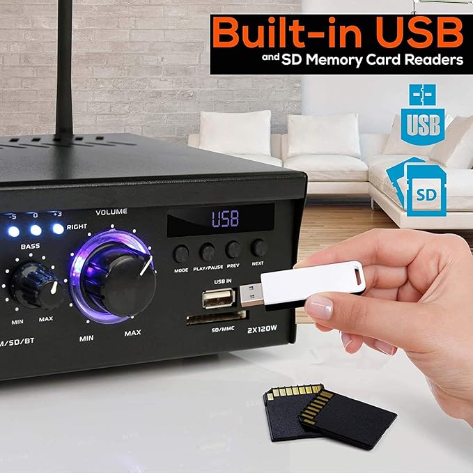 Pyle Home Power Amplifier with Bluetooth Wireless - 2 x 120 Watt Stereo Receiver w/ Blue LED Level Meter, FM Radio, USB-A Input w/ MP3 Player, SD Card In, Aux, RCA, Headphone Jack - PCAU46BA