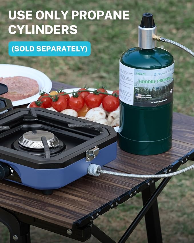 Gonex Camping Stove with 2 Burner Griddle & Grates, Portable Foldable Cooking Stove with Total 16,000 BTU, Two Piezo Ignition Adjustable Burners for Camping (Blue)