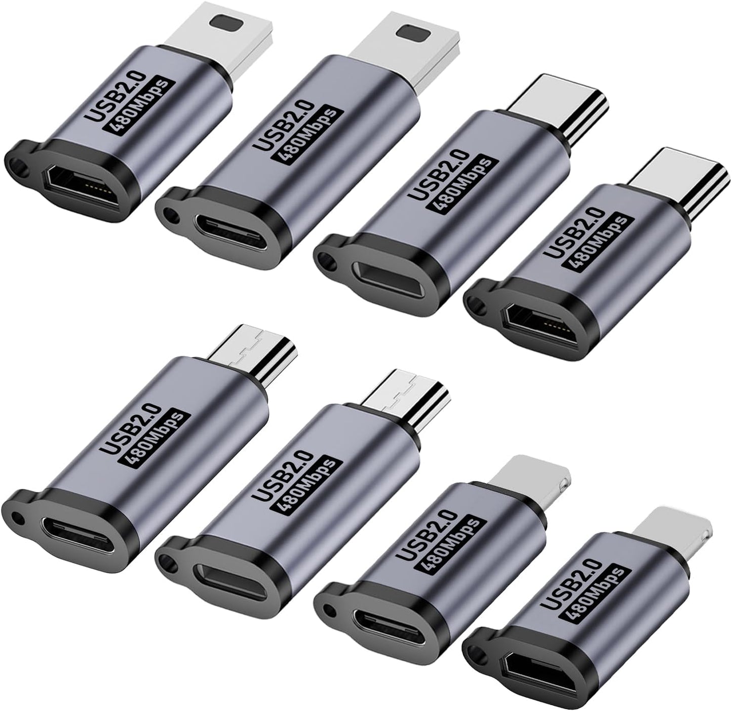 USB C/Lightning to Micro USB Adapter, Type C to Lightning Converter, USB C to Mini USB Connector (8 Pack)