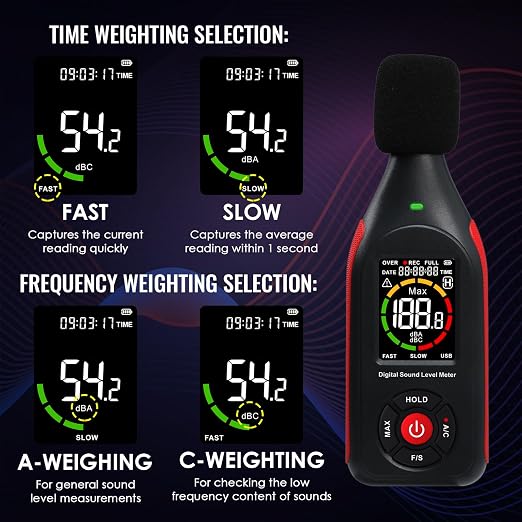 Decibel Meter Data Logger Sound Level Logger Noise Monitor with Data Recording, 31,000 Data, Graph Printing, MAX, Data Hold, 3-Color Light Alarm for Home, Office, Classroom, Industrial Use (30-130dB)