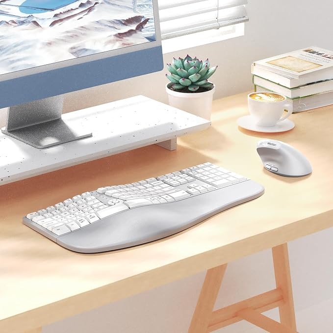 MEETION Ergonomic Keyboard and Mouse, Wireless Keyboard with Vertical Mouse, Split Curved Keyboard with Wrist Rest, Natural Typing Full Size for Windows/Mac/PC/Laptop, Gray