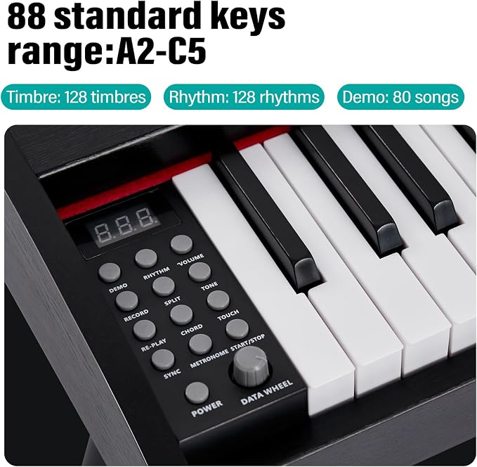 AODSK 88 Keys Digital Piano, Electric Piano Full-size Semi Weighted Keyboard For Beginners, 128 Tones & Rhythms, MIDI/USB Connectivity, Headphone Jack