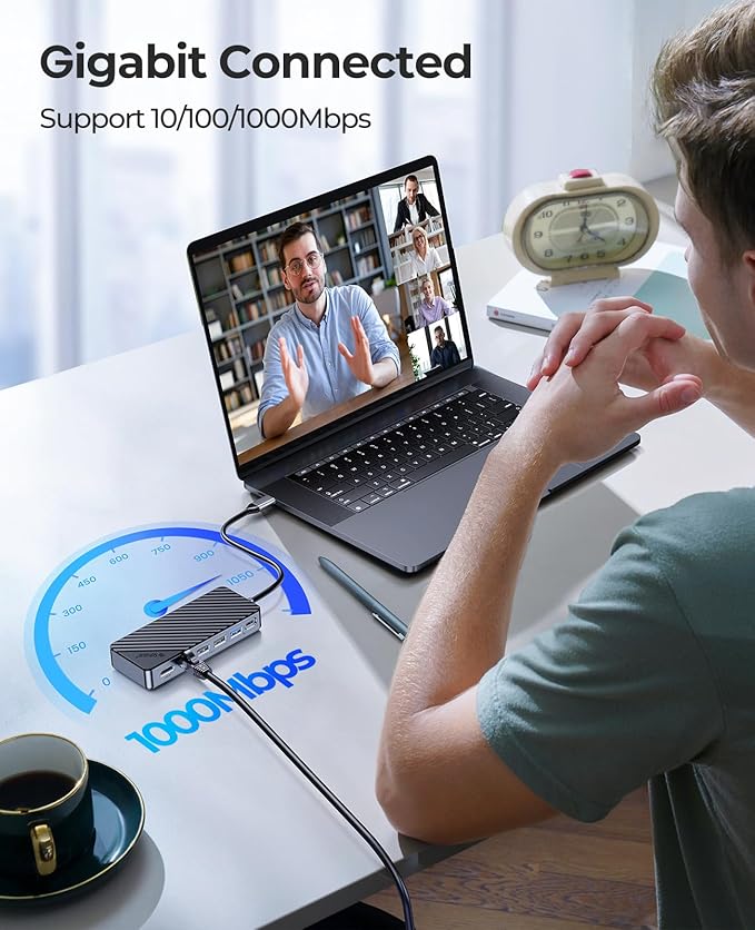 ORICO USB-C Hub with M.2 SSD Enclosure, 8-in-1 USB C Docking Station Fits M.2 NVMe/SATA SSD, 10Gbps, 4K@60Hz HDMI, 100W PD, Ethernet - OM28PR