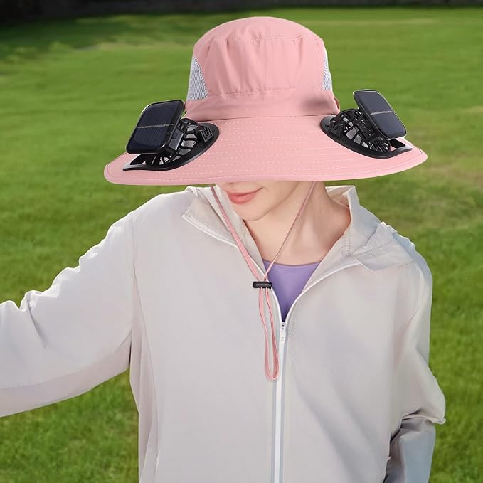 Outdoor Solar Powered Fan Hat for Men Women Breathable Wide Brim Hat with 2 Fans UPF 50+ Fishing Hat Beach Bucket Sun Hat