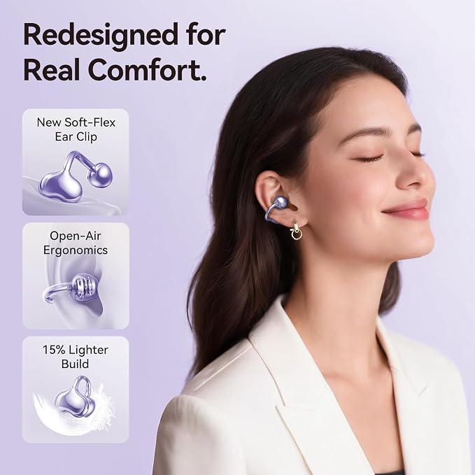 Kinglucky Upgraded Clip-On Earbuds Comfortable fit & Crystal-clear Sound, 40H Playtime Open Ear Buds Bluetooth 6.0 Wireless Headphones for Women Ideal for Small Ears, Sports & Workouts, Glasses Purple